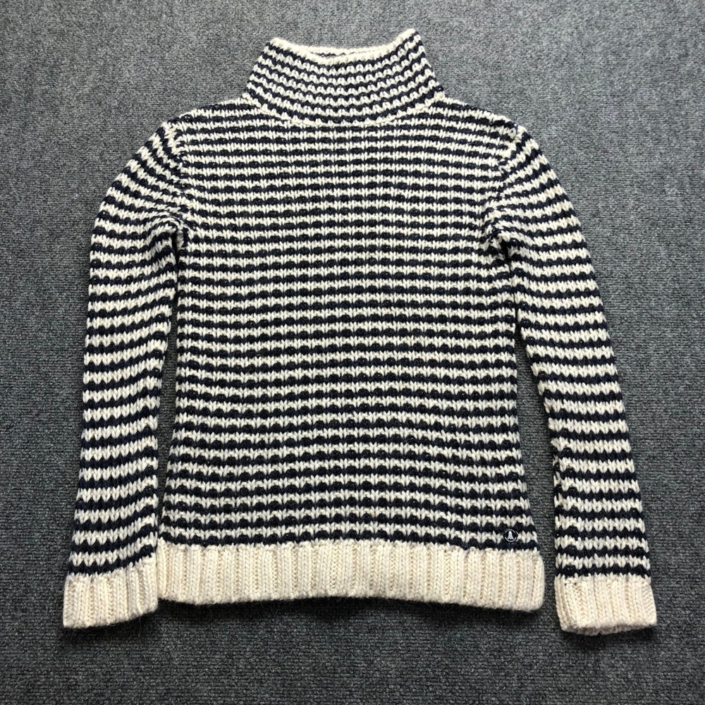Barbour Beacon Brand Striped Chunky Knit Mock Neck Sweater Navy Cream Italy Sz 6